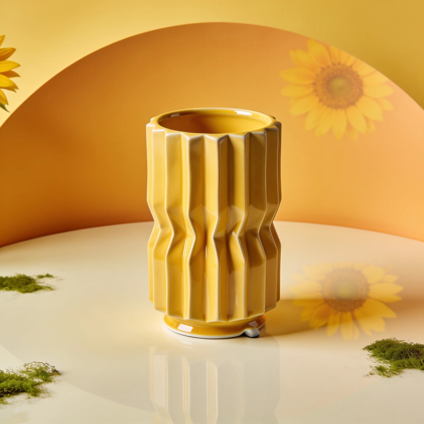 Falten Vase — Vollständige hohe zylindrische Keramikvase mit breiten senkrechten Faltenrippen und offenem rundem Rand.
