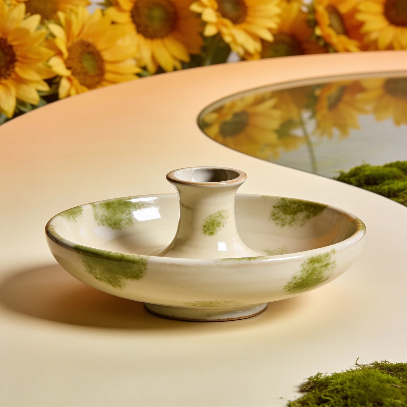 Flachschale Vase — Vollständige niedrige breite Keramikvase mit flachem Schalenkörper und erhöhtem offenem Mittelhals.