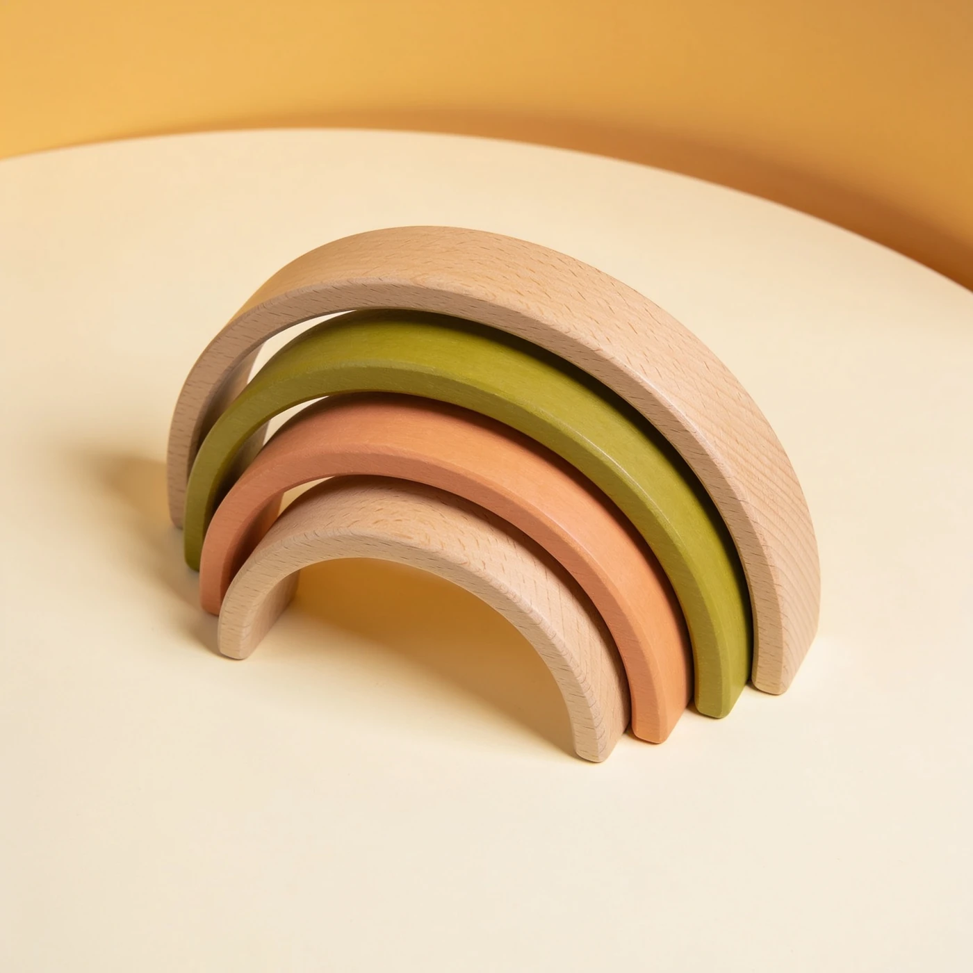 Bogenbausteine — Vollständiges Holzbauset aus fünf breiten ineinandergestellten Regenbogenbögen, einzeln erkennbar.