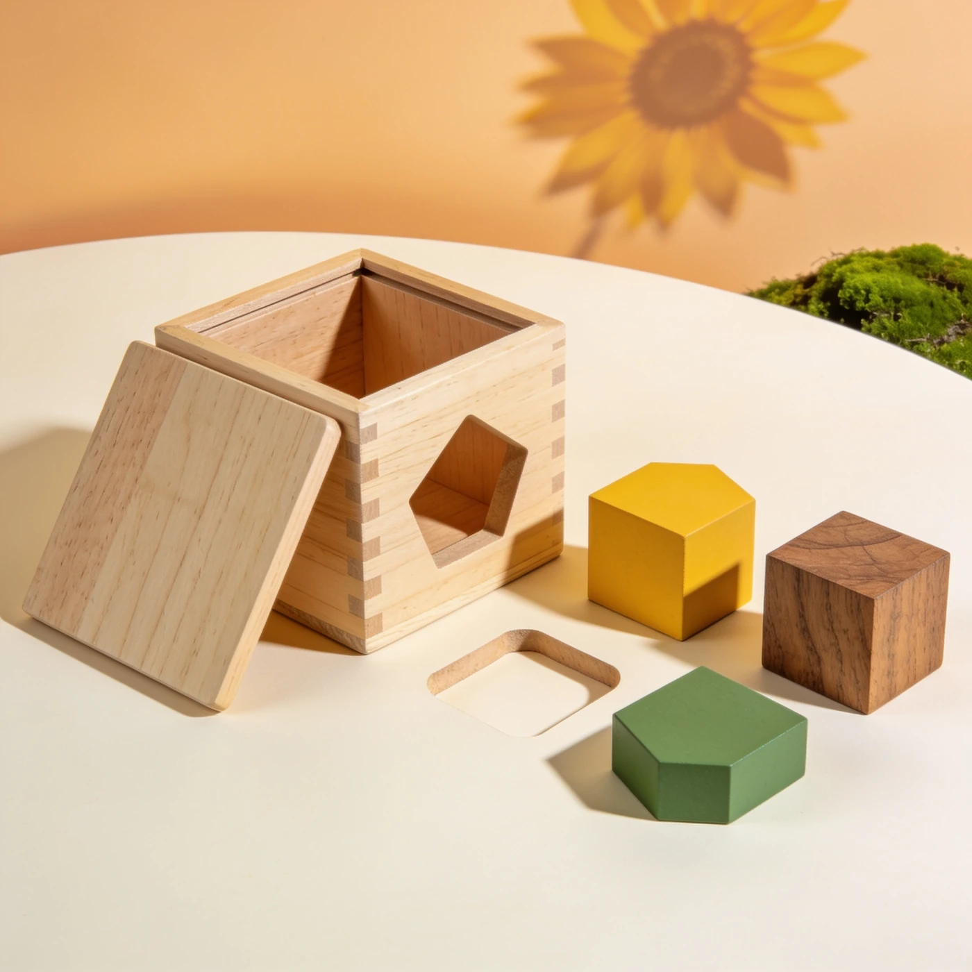 Formensortierbox — Vollständige hölzerne Formensortierbox mit abnehmbarem Deckel und vier grossen geometrischen Blöcken für passende Öffnungen.