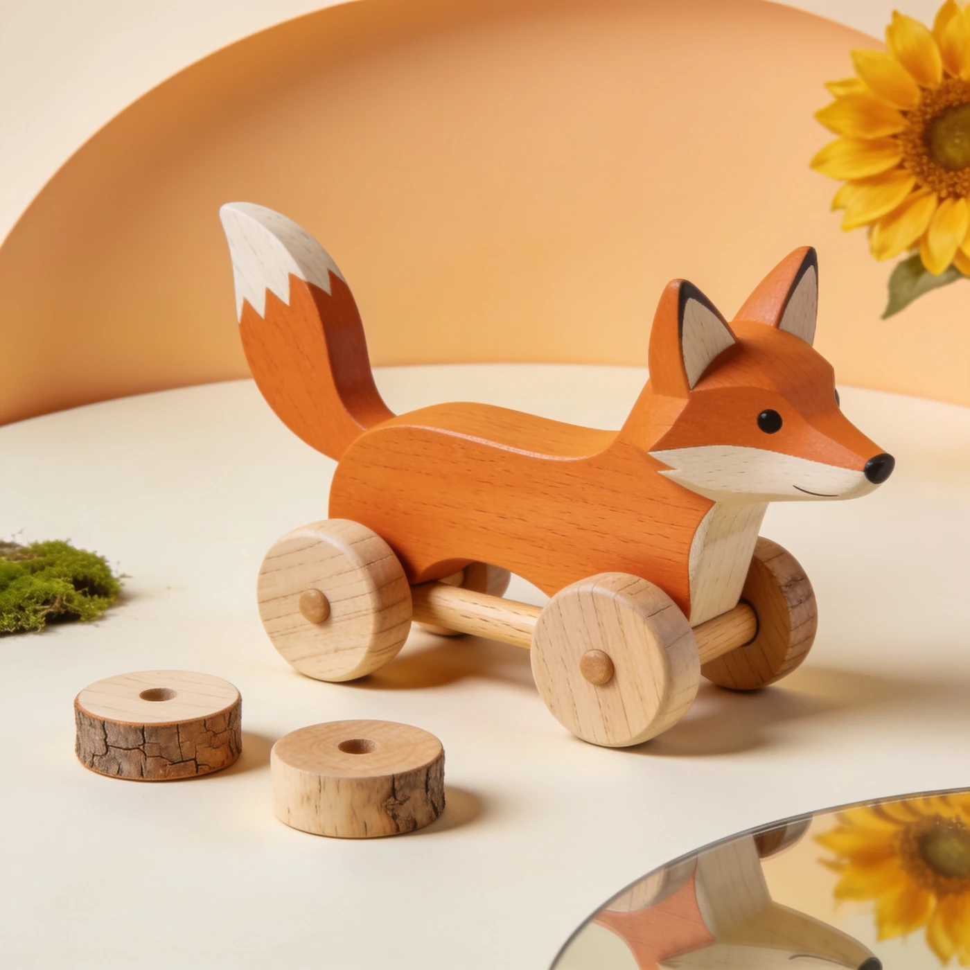 Rolltier Fuchs — Vollständiges massives Holz-Schiebetier in Fuchsform mit vier kräftigen Holzrädern ohne Zugschnur.