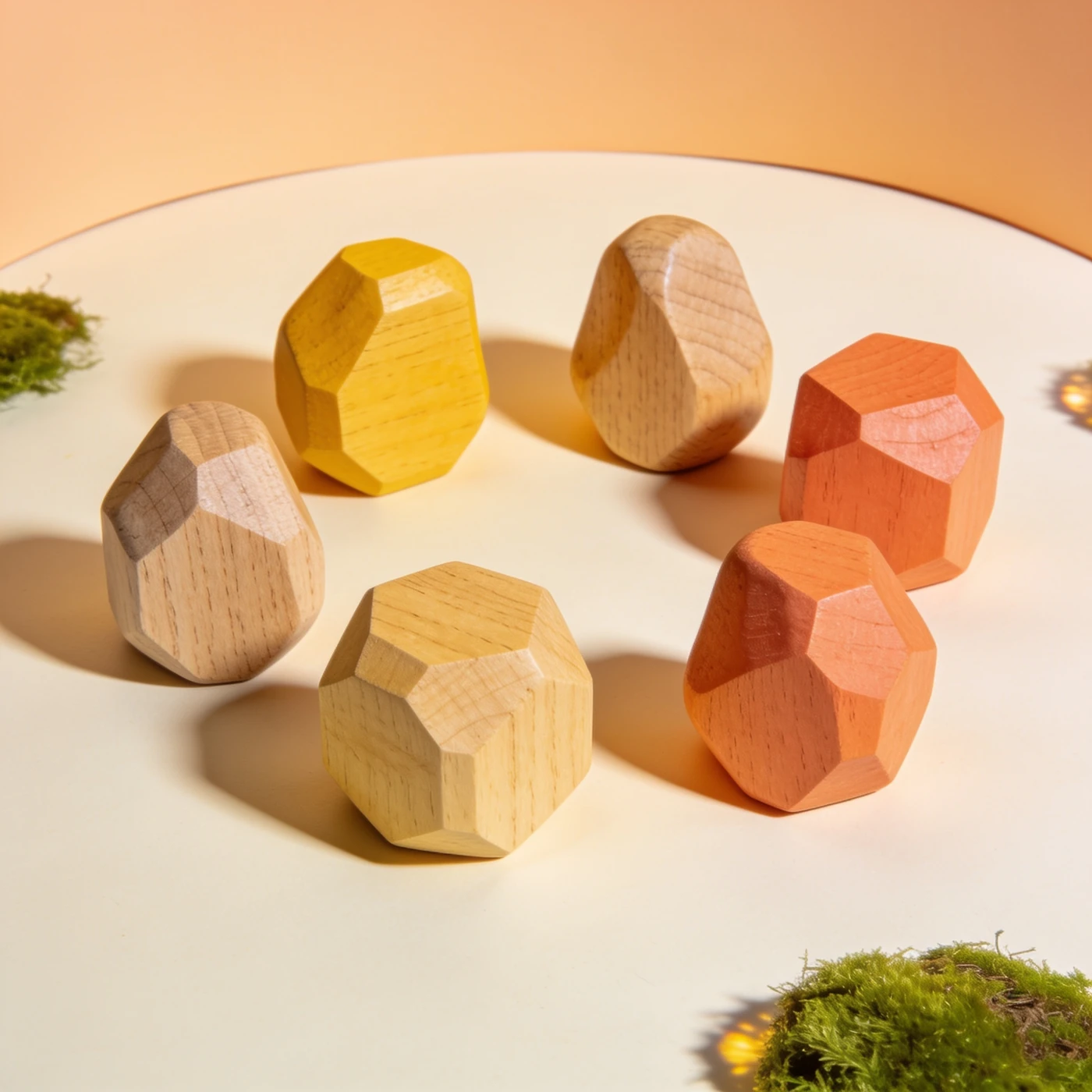 Balanciersteine — Vollständiges Set aus sieben grossen facettierten Holz-Balanciersteinen mit deutlich unterschiedlichen unregelmässigen Konturen.